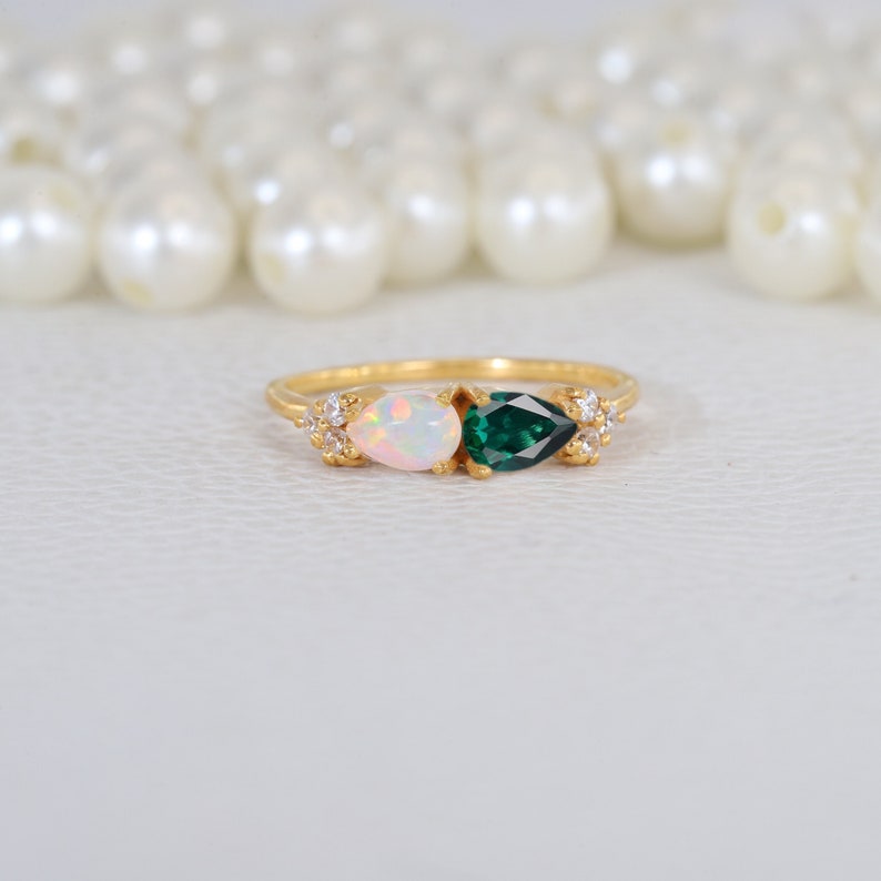 Teardrop Fire Opal Emerald Ring, Unique Stacking Promise Ring, Yellow ...