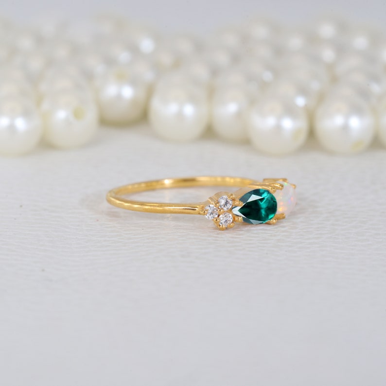 Teardrop Fire Opal Emerald Ring, Unique Stacking Promise Ring, Yellow ...