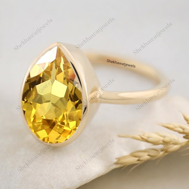 Pear Ceylon Yellow Sapphire Bezel Set Ring November Birthstone Bridal