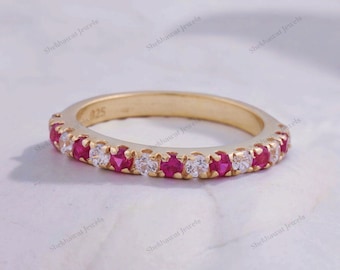 Alliance diamants rubis délicats, alliance en or jaune 14 carats, alliance demi-éternité, bijoux femme pierre de naissance de juillet, cadeaux tendance