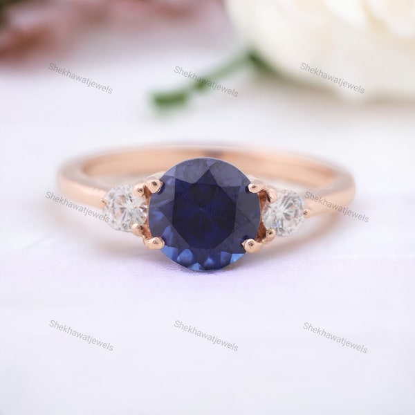 Blue Sapphire Engagement Ring 14K Rose Gold Diamond Fine Jewelry September Birthstone Birthday Ring Perfect Gift for Unique Anniversary Ring