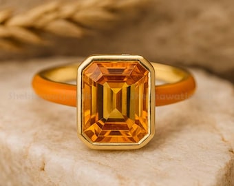 Anillo de esmalte con corte esmeralda naranja / Anillo llamativo chapado en oro / Anillo de cóctel llamativo / Joyería de piedras preciosas única / Regalo para ella
