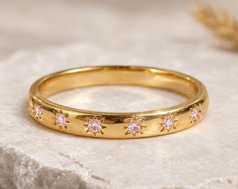 Gold Pink Sapphire Star Ring, Celestial Wedding Band, Dainty Stacking Ring, Minimal Gold Band, Anniversary Gift for Her