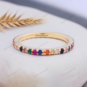Rainbow Gemstone Eternity Band, Multi Gemstone Ring, 14k Gold Rainbow Wedding Ring, Precious Stone Ring, Personalized Custom Birthday Gifts