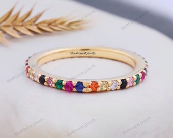 Rainbow Gemstone Eternity Band, Multi Gemstone Ring, 14k Gold Rainbow Wedding Ring, Precious Stone Ring, Personalized Custom Birthday Gifts