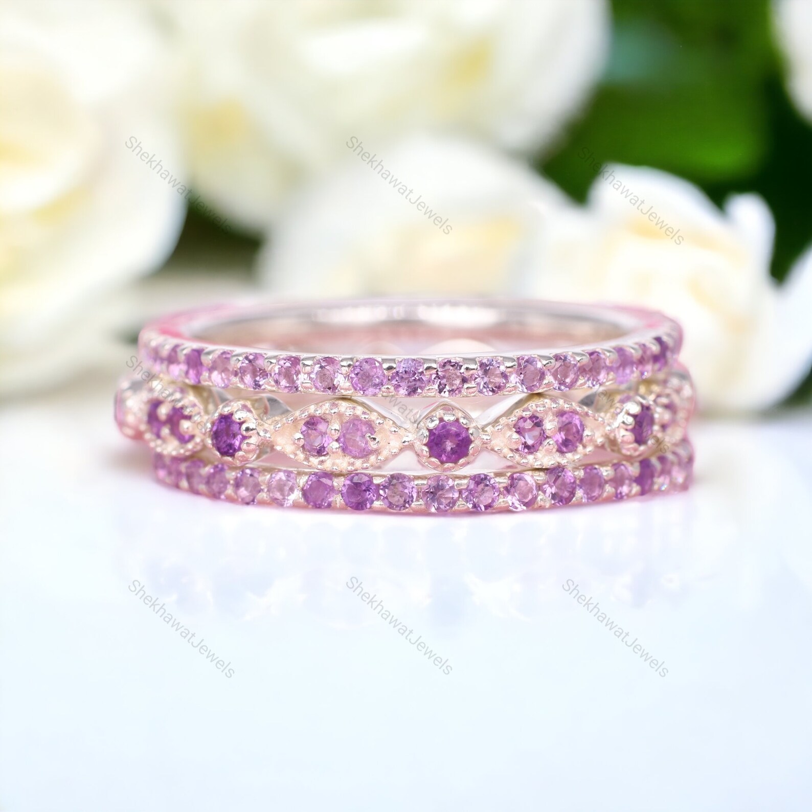 February Rings 3pcs Amethyst Engagement Ring Set Sterling Silver Rings February ...
