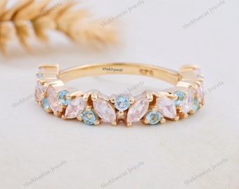 Alliance marquise pierre de lune empilable bague unique demi-éternité arc-en-ciel pierre de lune bague Moissanite assortie bague demoiselle d&#39;honneur cadeau bijoux