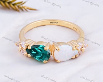 Teardrop Fire Opal Emerald Ring, Unique Stacking Promise Ring, Yellow Gold Art Deco Ring, October Birthstone Jewelry Proposal Gift For Girls