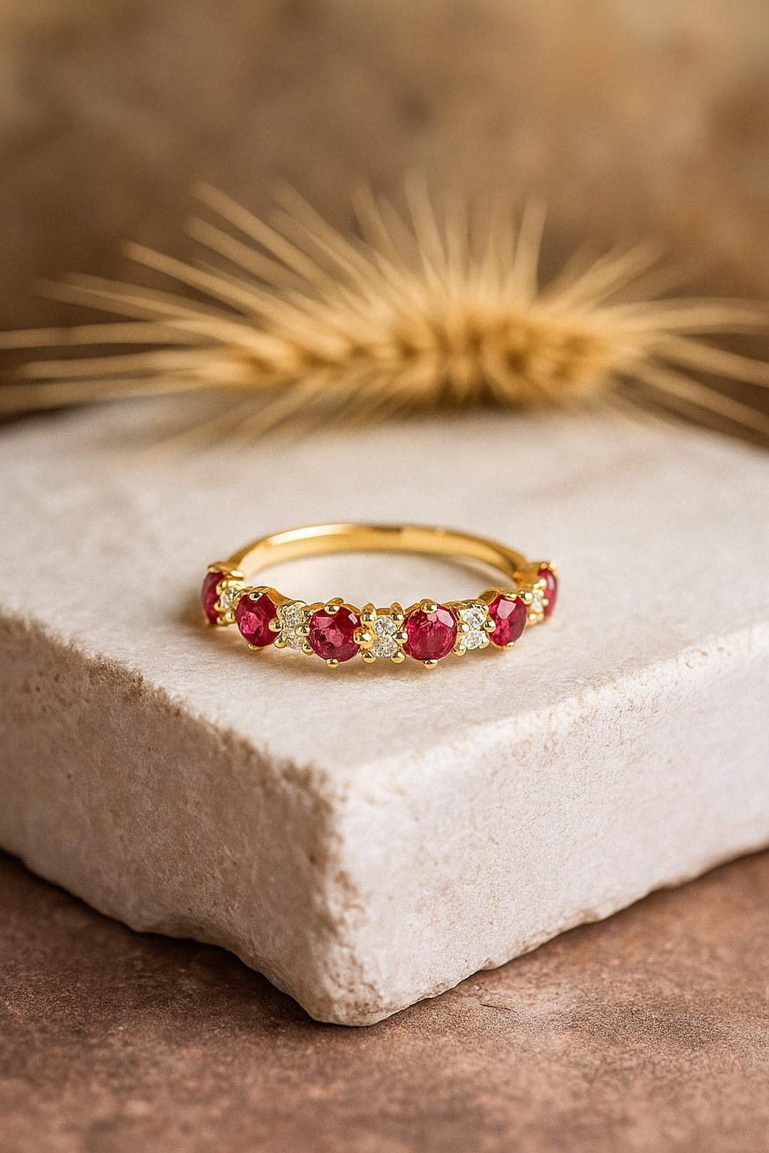 Ruby Wedding Band, 14K Solid Gold Ruby Engagement Ring, Half Eternity ...