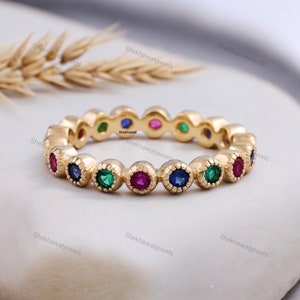 Multi Gemstone Wedding Band 14K Rose Gold Band Women Handmade Jewelry Ruby & Emerald Gold Band Statement Birthday Gifts Anniversary Bands