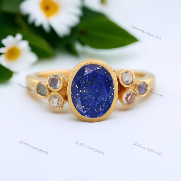 Oval Natural Lapis Lazuli Engagement Ring Moonstone Gold Art Deco Ring 18K Yellow Gold Bridal Ring September Birthstone Ring Anniversarygift