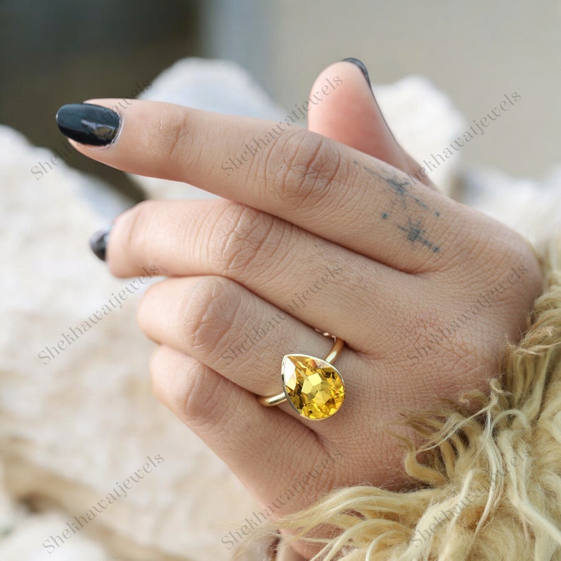 Pear Ceylon Yellow Sapphire Bezel Set Ring November Birthstone Bridal