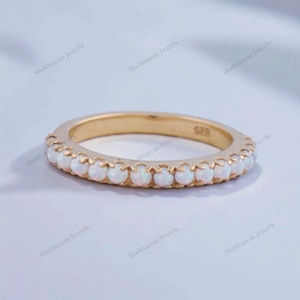 Fire Opal Band, Half Eternity Stackable Band, 925 Sterling Silver Wedding Band, Delicate Bridal Band, Anniversary Statement Gift For Women