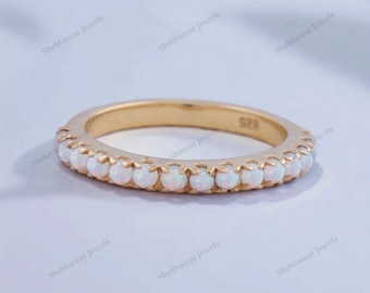 Fire Opal Band, Half Eternity Stackable Band, 925 Sterling Silver Wedding Band, Delicate Bridal Band, Anniversary Statement Gift For Women