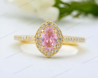 Anillo de zafiro rosa rubor 14K oro amarillo Vermeil diamante eternidad anillo rosa anillo de compromiso para las mujeres delicado anillo de promesa regalo de aniversario