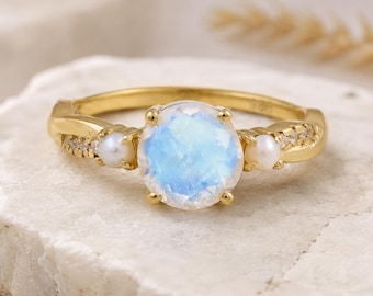 Natural Moonstone Wedding Ring 925 Sterling Silver Ring Women's Fine Jewelry Freshwater Pearl Gifts Personalized Christmas Gift Black Friday