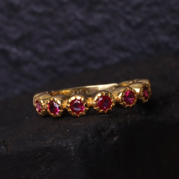 Vintage Ruby Wedding Band 18K Yellow Gold Band July Birthstone Gifts Stacking Gemstone Anniversary Band Pink Gemstone Promise Birthday Bands