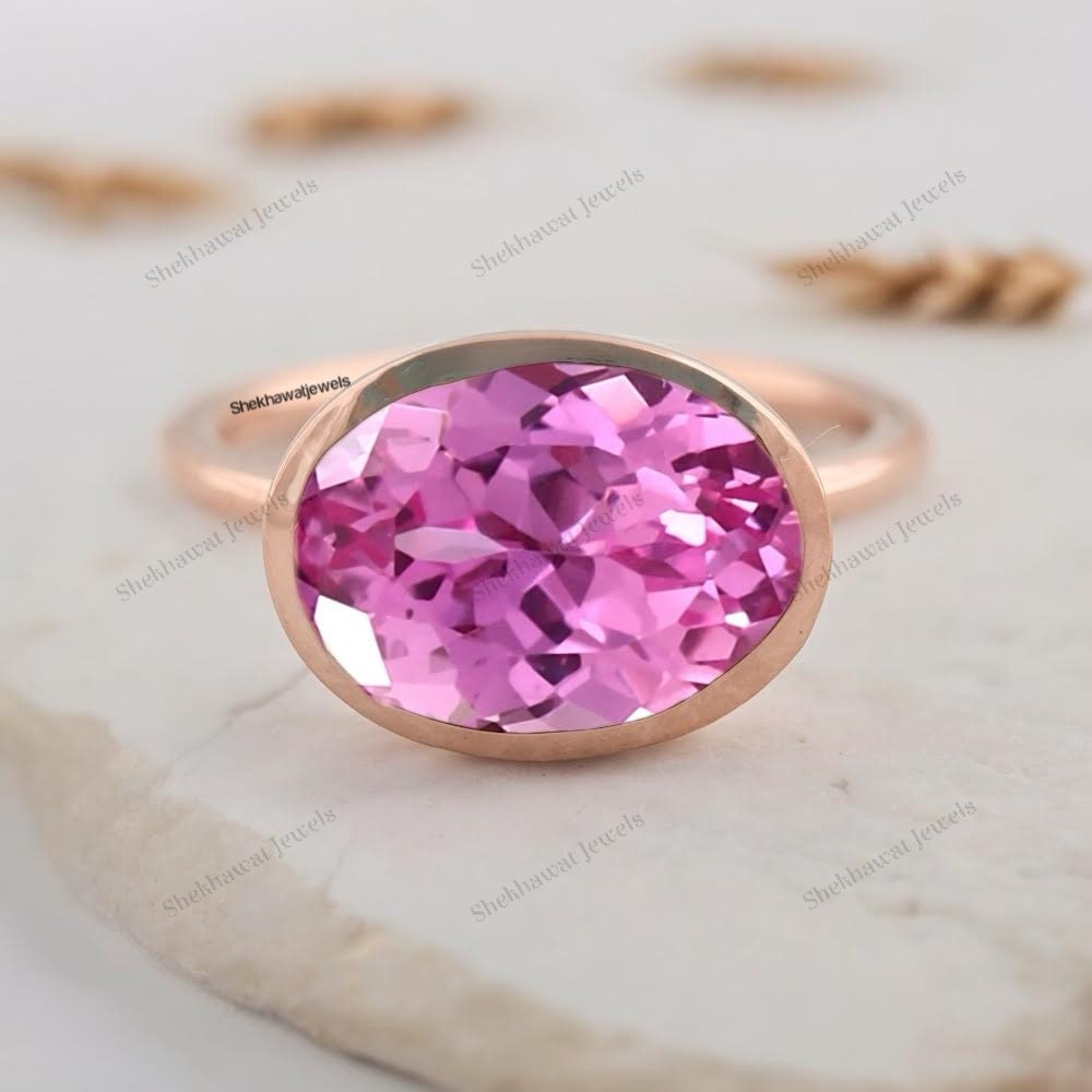 Large Gemstone Ring Pink Sapphire Engagement Ring Septmber Birthstone Jewelry Unique Solitaire Promise Ring Engraved Rings Anniversary Gift