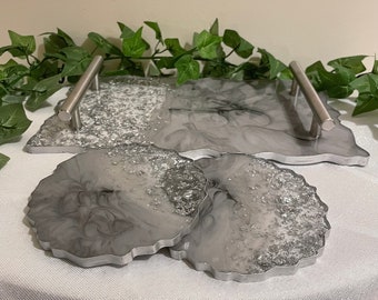 Offer!! Luxurious Grey Marble Style and Silver Resin Tray and Coaster Set - handpainted gilded edging.