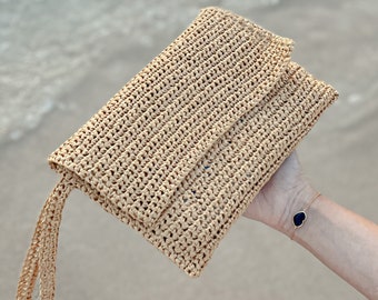 Crochet Clutch, Straw Summer Bag, Raffia Clutch Handbag, Crochet Summer Bag, Crochet Straw Clutch, Eco friendly