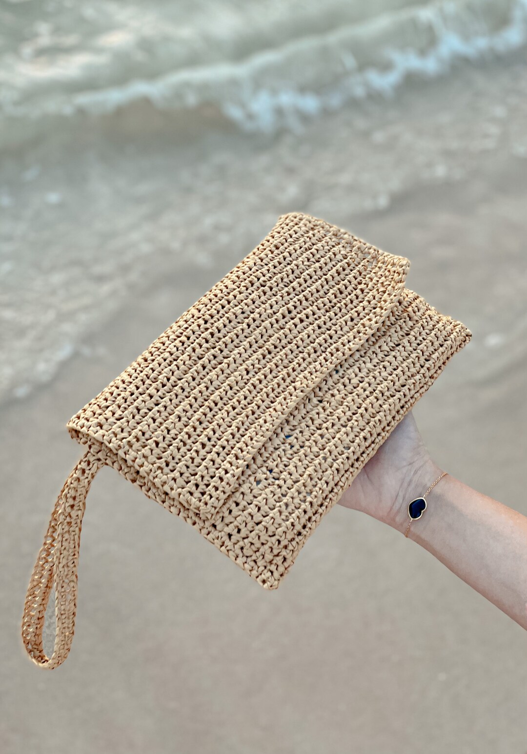 Crochet Clutch, Straw Summer Bag, Raffia Clutch Handbag, Crochet Summer