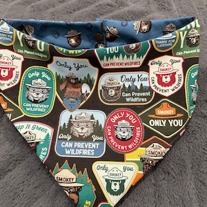 Smokey the Bear-inspired reversible pet bandana with snaps