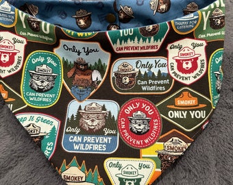 Smokey the Bear-inspired reversible pet bandana with snaps