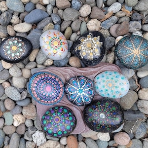 Unique Mandala Dot Art Stone | Hand-Painted Rock for Meditation, Spiritual Decor, Canadian Beach Stone  Gift (5)