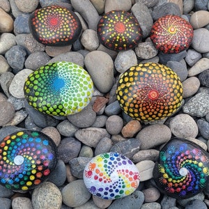 Painted Mandala Stone, Dot Art Rock for Mindfulness, Boho Home Decor, West Coast Beach Stone, Citrus Sunburst, hand-painted beach stones(10)