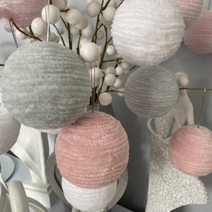 Set of 4 Christmas tree bauble decorations,  Cotton wrapped, pink, white, grey, plush pink, hanging decorations, set of 4