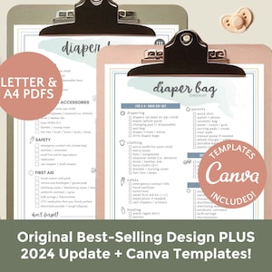 ¡ACTUALIZADO! Bolsa de pañales + Lista de verificación de bolsa de hospital Imprimible / Carta, A4 Canva Editable / Lista de verificación más vendida para nuevas mamás / Mamá organizada