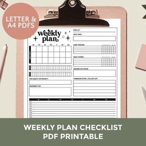 Lista de verificación del plan semanal / PDF imprimible / Carta 8.5 x 11 + A4 / Organice y ordene su hogar / Imprima bajo demanda