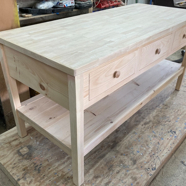 Big Kitchen Work Table/Island  with Butcher Block or Pine top. + 3 big drawers and a sturdy shelf-now with optional rear seating!-wow!