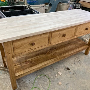 Big Kitchen Work Table/Island  with Butcher Block or Pine top. + 3 big drawers and a sturdy shelf