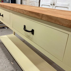 Handmade, Humble Pie Work Table-modest, pine veneer top, drawers, shelf, wood and sanded plywood, custom paint (NO MDF or pressed board)