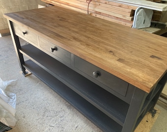 Big Kitchen Work Table/Island  with Butcher Block or Pine top. + 3 big drawers and a sturdy shelf-now with optional rear seating!-wow!