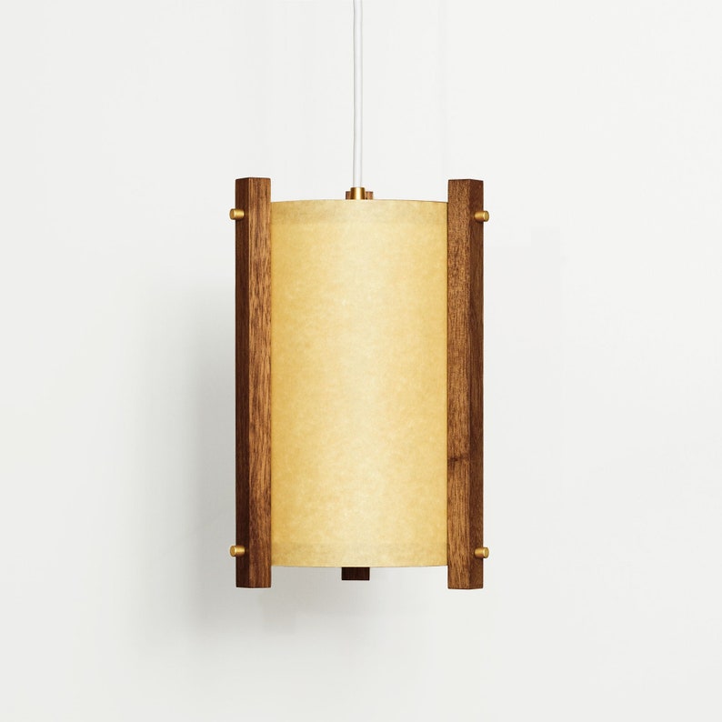 Walnoot en messing midden van de eeuw houten hanglamp met Japanse lampenkap klein Deense moderne lamp, hanglamp, esdoornlamp afbeelding 5