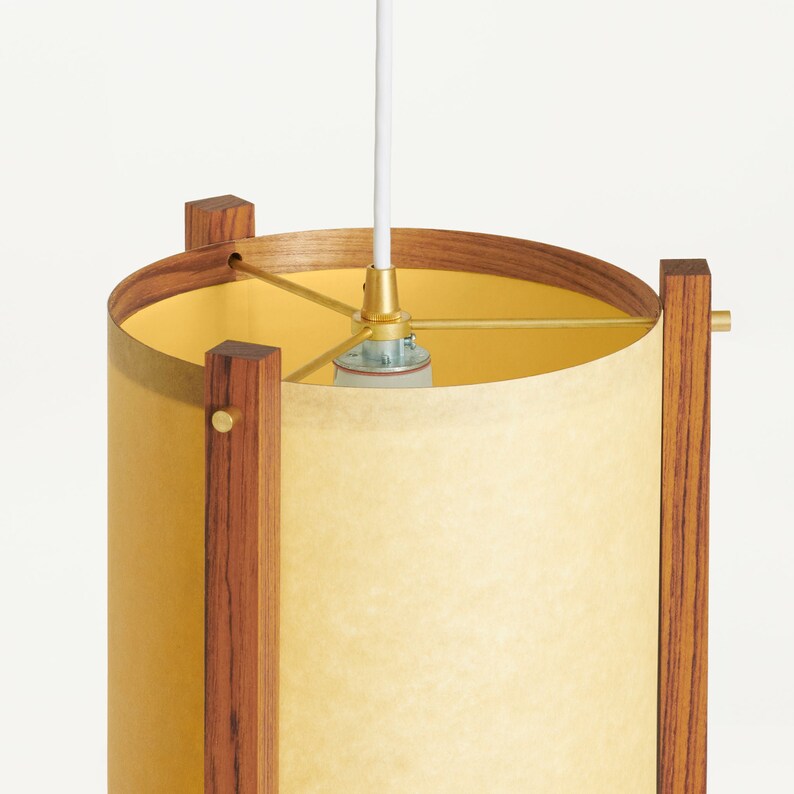 Teak and Brass Mid Century Wood Pendant Lamp with Japanese lamp shade Medium Danish Modern Lamp, Pendant Lamp, Teak Lamp image 8