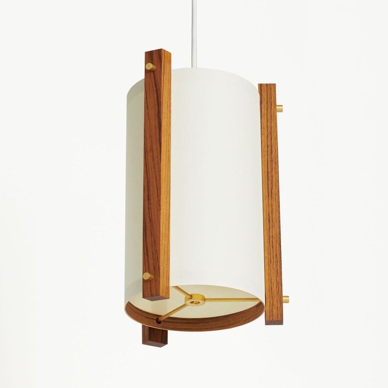Teak and Brass Mid Century Wood Pendant Lamp with Japanese lamp shade Small Danish Modern Lamp, Pendant Lamp, Teak Lamp Rustic White