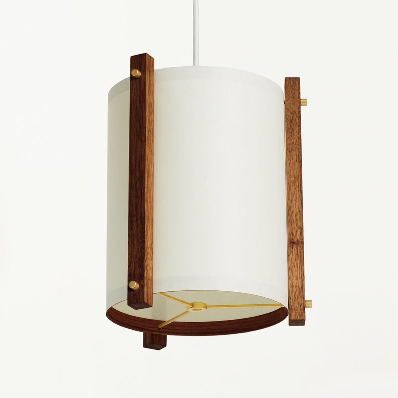 Walnut and Brass Mid Century Wood Pendant Lamp with Japanese lamp shade Medium Danish Modern Lamp, Pendant Lamp, Teak Lamp White