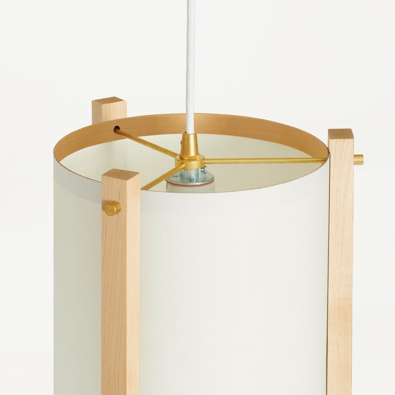 Maple and Brass Mid Century Wood Pendant Lamp with Japanese lamp shade Medium Danish Modern Lamp, Pendant Lamp, Teak Lamp image 3