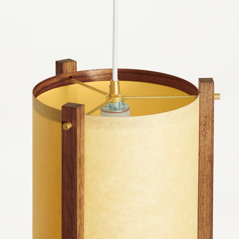 Walnut and Brass Mid Century Wood Pendant Lamp with Japanese lamp shade Medium Danish Modern Lamp, Pendant Lamp, Teak Lamp image 2