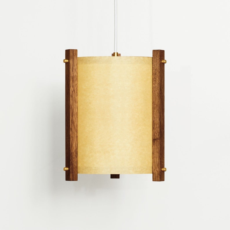 Walnut and Brass Mid Century Wood Pendant Lamp with Japanese lamp shade Medium Danish Modern Lamp, Pendant Lamp, Teak Lamp Golden Sand
