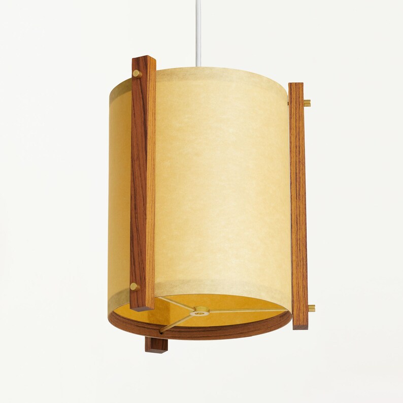 Teak and Brass Mid Century Wood Pendant Lamp with Japanese lamp shade Medium Danish Modern Lamp, Pendant Lamp, Teak Lamp Golden Sand