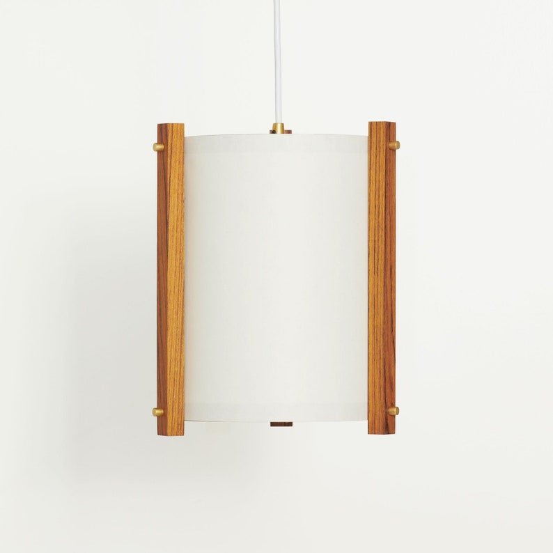 Teak and Brass Mid Century Wood Pendant Lamp with Japanese lamp shade Medium Danish Modern Lamp, Pendant Lamp, Teak Lamp White