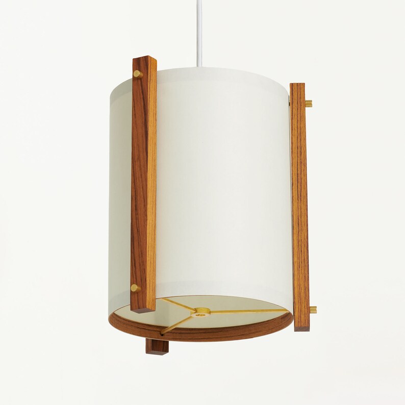 Teak and Brass Mid Century Wood Pendant Lamp with Japanese lamp shade Medium Danish Modern Lamp, Pendant Lamp, Teak Lamp image 1