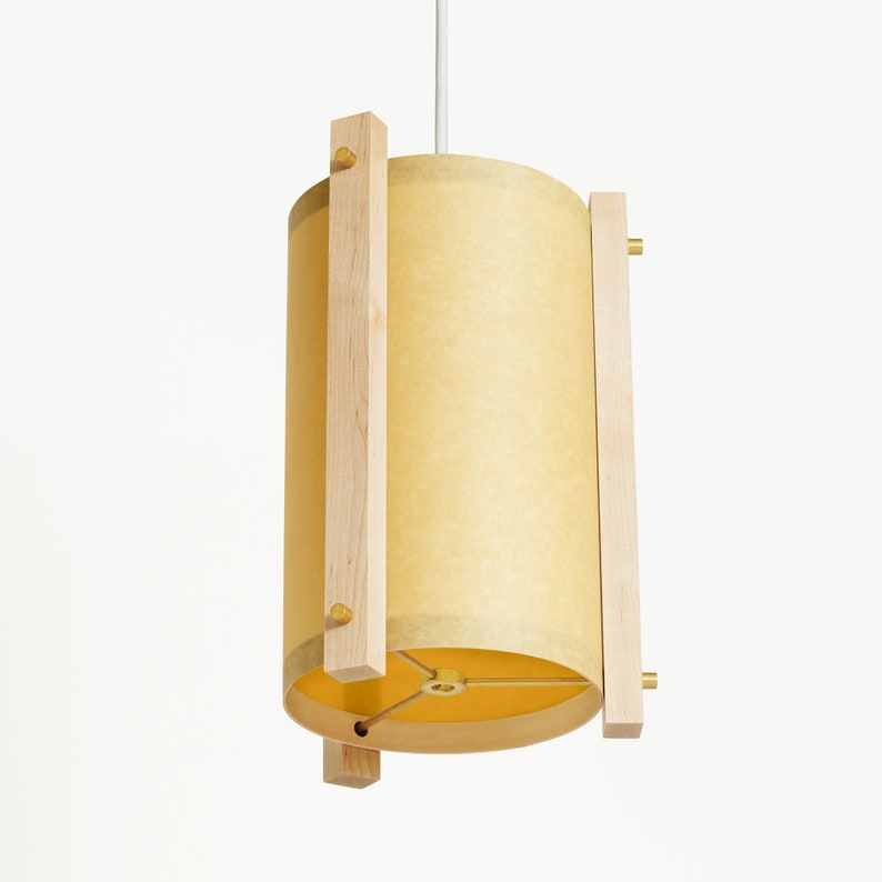 Esdoorn en messing Mid Century houten hanglamp met Japanse lampenkap Klein Deense moderne lamp, hanglamp, esdoornlamp Golden Sand