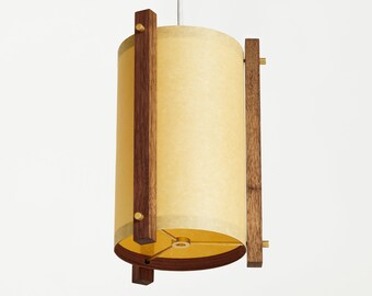 Walnoot en messing midden van de eeuw houten hanglamp met Japanse lampenkap - klein - Deense moderne lamp, hanglamp, esdoornlamp