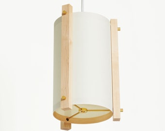 Esdoorn en messing Mid Century houten hanglamp met Japanse lampenkap - Klein - Deense moderne lamp, hanglamp, esdoornlamp