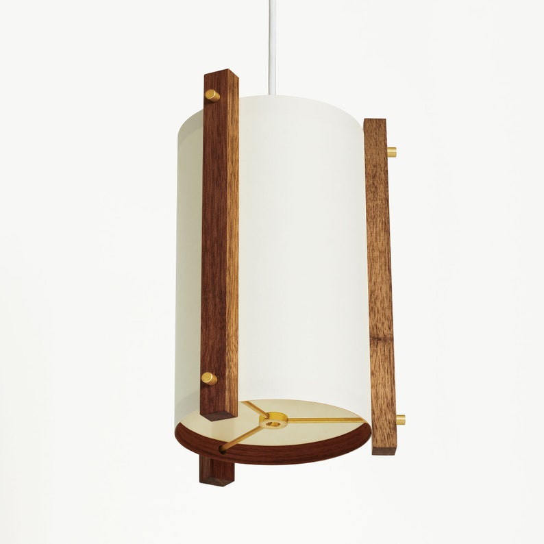 Walnoot en messing midden van de eeuw houten hanglamp met Japanse lampenkap klein Deense moderne lamp, hanglamp, esdoornlamp Rustic White